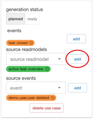 Codebricks Planner with opened Usecase Details with Usecase Management menu. Add Source Readmodel is highlighted.