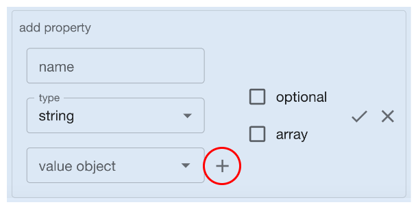 Codebricks Planner with Add Property from a command open, highlighting the option to add a Value Object.