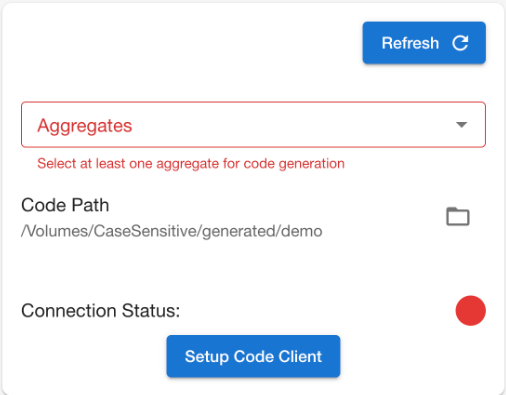 The Codebricks Planner Generate with selected aggregate red and the Setup Code Client button