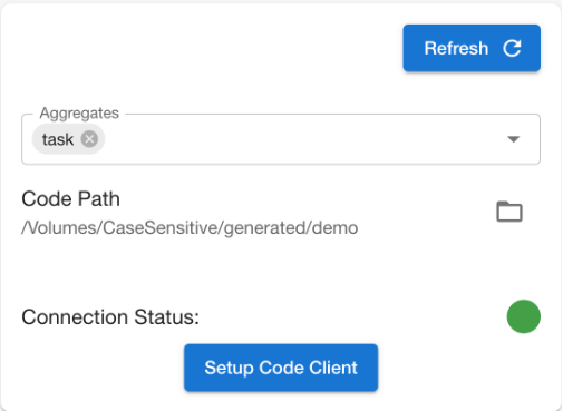 The Codebricks Planner Generate with selected aggregate filled and the Setup Code Client button