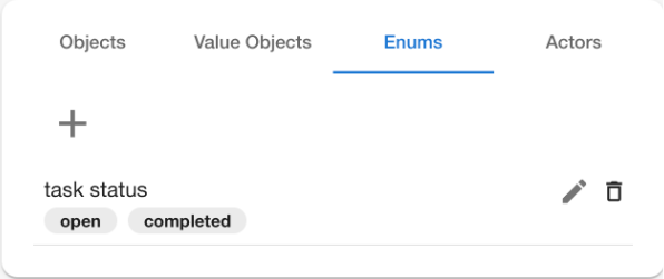Codebricks Planner with Enum Management open. One enum is visible: TaskStatus with the values: open, completed.