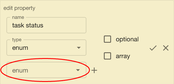Codebricks Planner with Add Property from a request open, highlighting the option to select an enum.