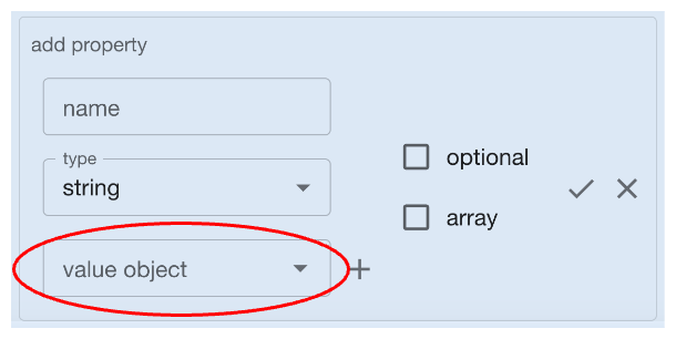 Codebricks Planner with Add Property from a command open, highlighting the option to select a Value Object.